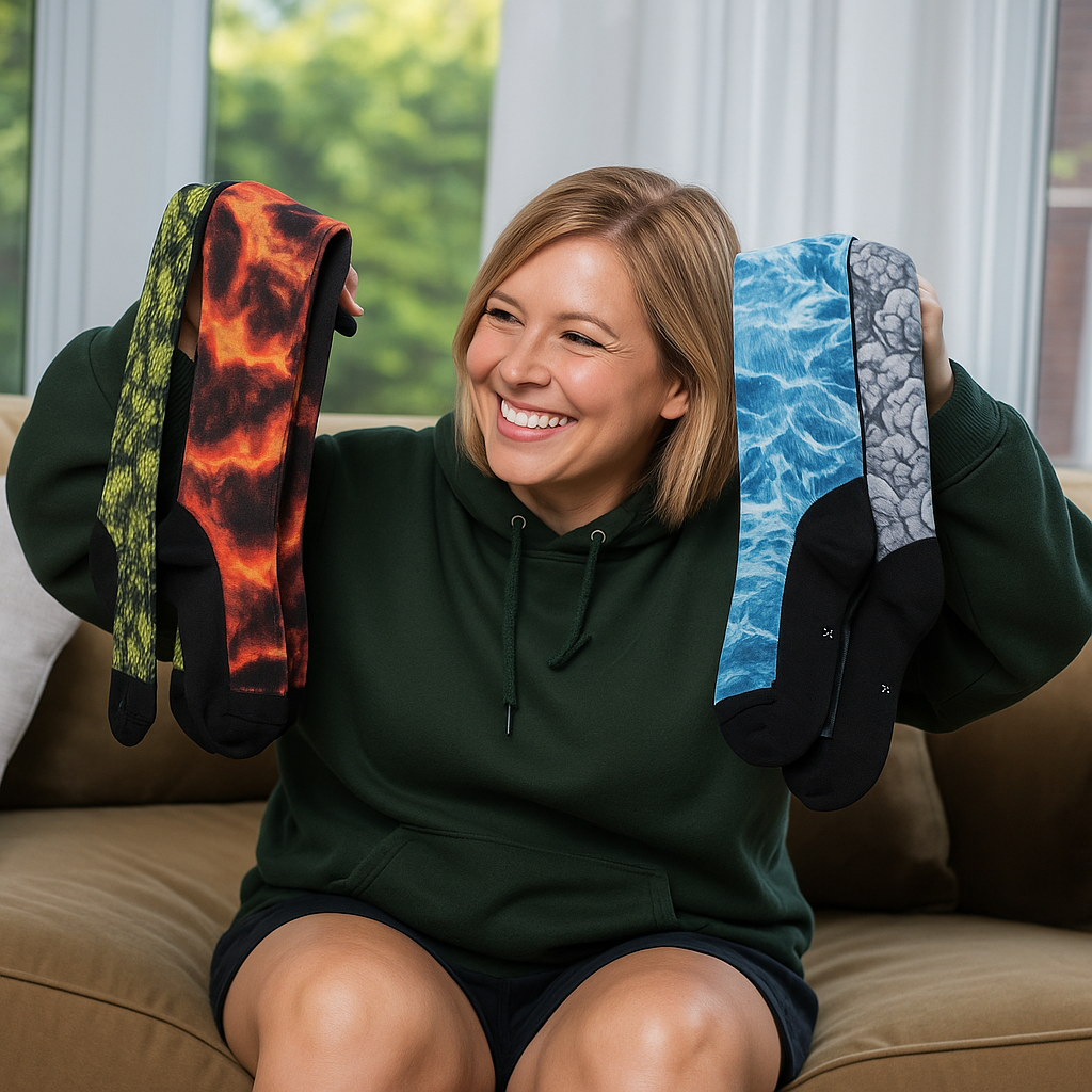 Donna sorridente con calze a compressione colorate
